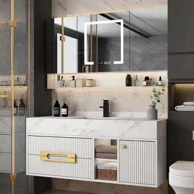 Modern Vanity Sink Gold Lines Wall Hung Cabinet Basin Single Knock Down Marble Bathroom Vanity Cabinet with Mirror Lights and Sink
