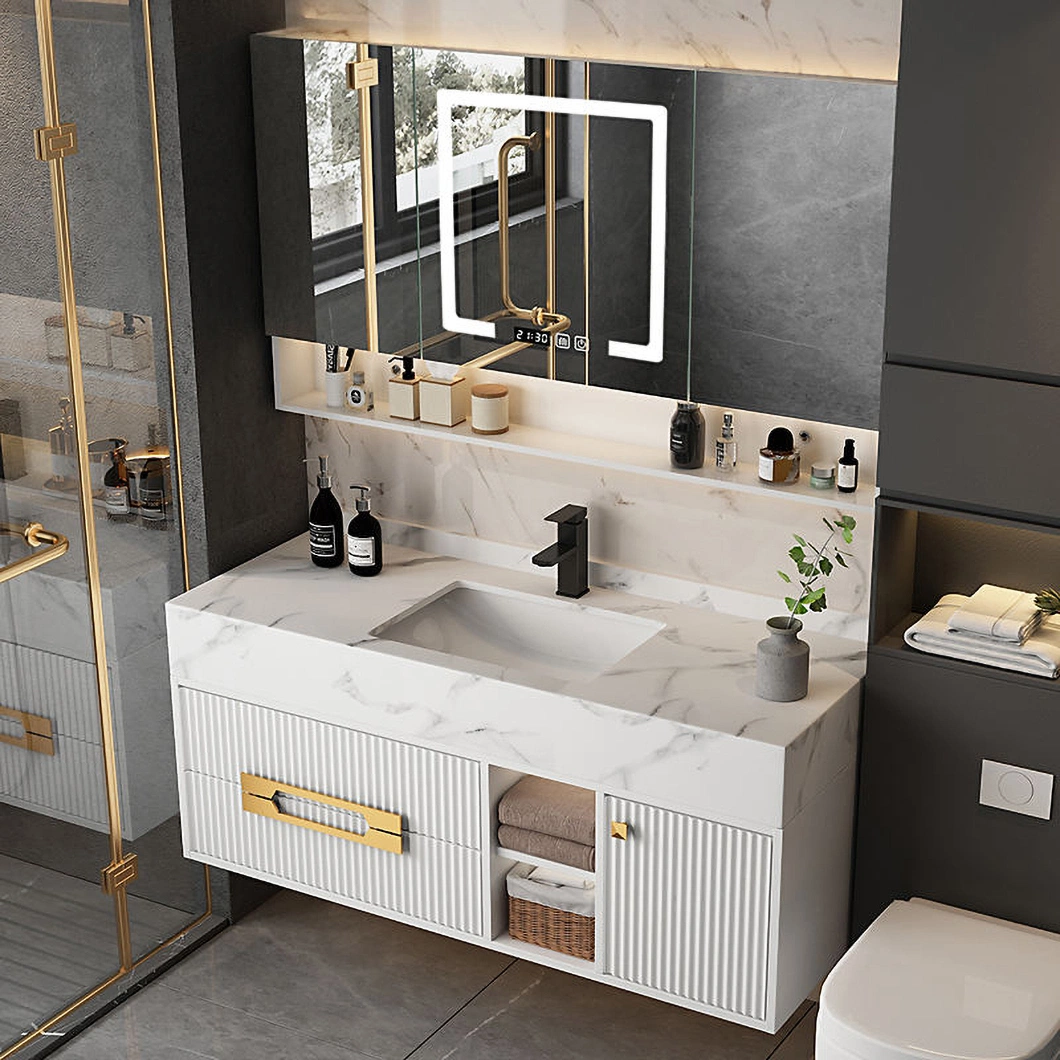 Modern Vanity Sink Gold Lines Wall Hung Cabinet Basin Single Knock Down Marble Bathroom Vanity Cabinet with Mirror Lights and Sink