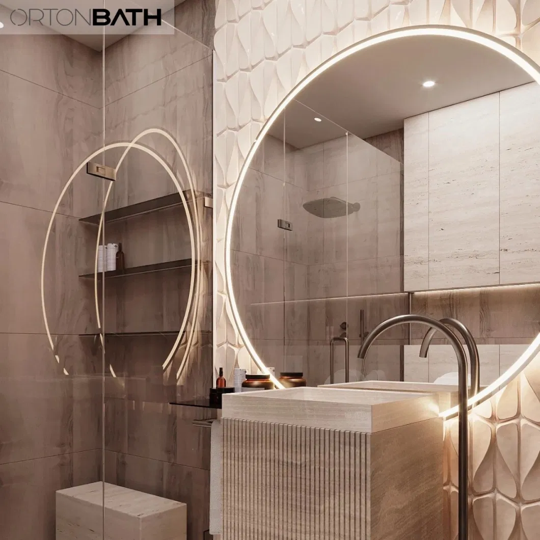 Ortonbath Square Edge Corner Frameless Full Length Floor Fitness Dressing Mirror LED Lights Touch Sensor Switch Bathroom Mirror LED Smart Bath Makeup Mirror